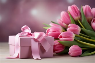 Gift Box with Pink Ribbon Beside bouquet of Fresh Tulips on Bokeh Background. Good for Valentine