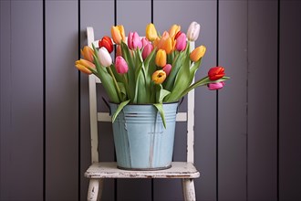 Bucket with colorful tulip spring flower boquet. KI generiert, generiert AI generated