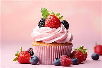 Single cupcake with pink frosting and berry fruit mix. KI generiert, generiert AI generated