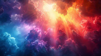 Dramatic lighting with vibrant red and purple clouds evoking an ethereal atmosphere, ai generated,