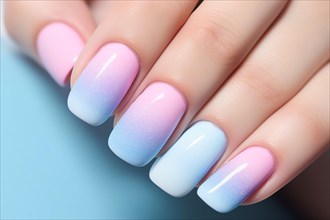 Woman's fingernails with pastel blue and pink ombre nail art design. KI generiert, generiert AI