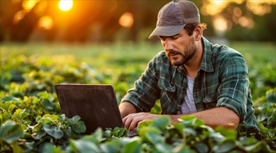 Man using a laptop in a field of crops with the sunset in the background, ai generated, AI