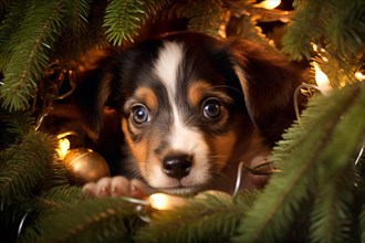 Cute dog puppy hiding in Christmas tree with electric candles. KI generiert, generiert AI generated