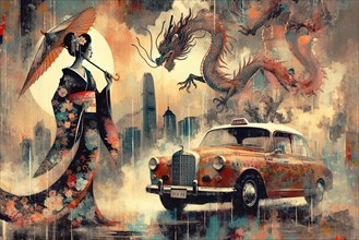 Sepia-toned art deco mural of a geisha with dragons and a vintage taxi cab car in a cityscape,