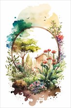 Abstract watercolor garden scene within a circular frame, featuring a house and lush greenery,