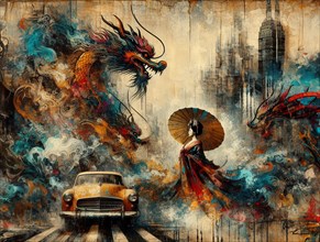 Surreal artwork showing a brave confident asian woman woman walking with an umbrella facing a