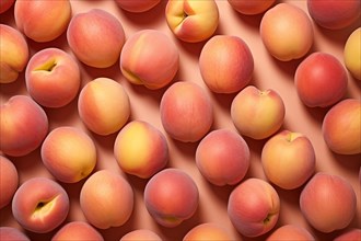 Top view of many peaches on pink background. KI generiert, generiert AI generated