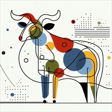 Modern abstract geometric depiction of a colorful bull with simple shapes, continuous line art,