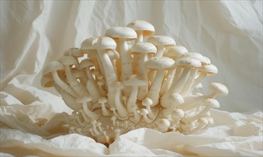 Shimeji mushrooms on white fabric background. Shimeji mushrooms. AI generated