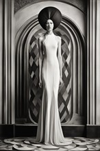 Longlimbed Woman in a sleek high fashion slim dress standing symmetrically in an architecturally