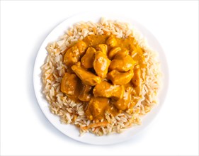 Rice with chicken curry sauce with cashew isolated on white background. close up, top view
