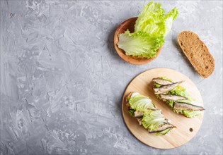 Sprats sandwiches with lettuce and cream cheese on wooden board on a gray concrete background. top