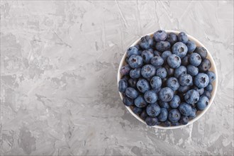 Fresh blueberry in white bowl on gray concrete background. top view, flat lay, copy space