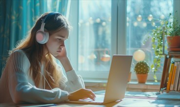 Young woman with headphones studying on a laptop near a window with daylight AI generated