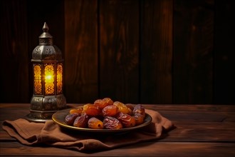 Ramadan lantern with a plate of succulent figs on dark background, set on an ornate table with
