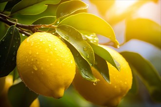 Close up of fresh lemon fruit on tree with water drops. KI generiert, generiert AI generated
