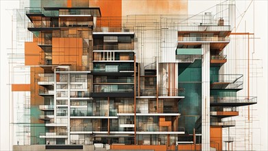 Modern architecture sketch with an abstract mix of design plans and green and rusty orange tones,