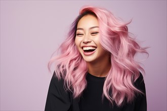 Laughing Asian woman with unusual long pink hair. KI generiert, generiert AI generated