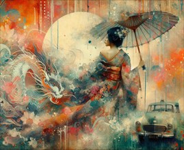 Artistic depiction of a asian woman geisha style with an umbrella and a dragon against a surreal