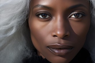 Middle aged african american black woman with long gray white hair. KI generiert, generiert AI