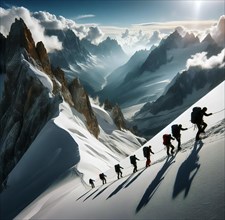 A rope team of mountaineers climbs up a steep snowy slope in the mountains, symbolic image