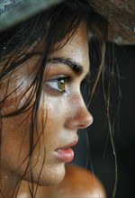 Young woman with braided sun hat, expressive eyes, face covered with rain and tangled hair, AI
