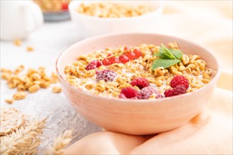 Wheat flakes porridge with milk, raspberry and currant in ceramic bowl on gray concrete background