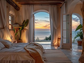 Interior of a bedroom overlooking the Mediterranean Sea in the Balearic Islands in Spain, AI