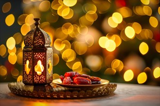 Ramadan lantern with a plate of succulent figs on bokeh background, set on an ornate table with