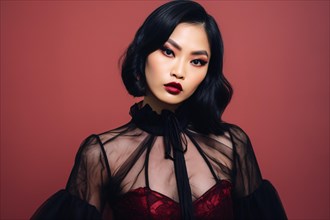 Portrait of beautiful Asian woman with Halloween vampire costume on red background. KI generiert,