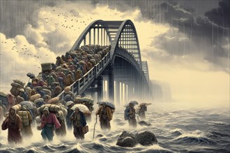 Stormy scene of migranting people with burdens crossing a bridge in a rainy storm in wavy water,