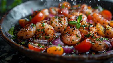 Flavorful cooked shrimp with herbs and tomatoes served on a skillet, ai generated, AI generated