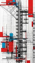 Modern building sketch with red and blue accents on a technical blueprint, vertical aspect ratio,