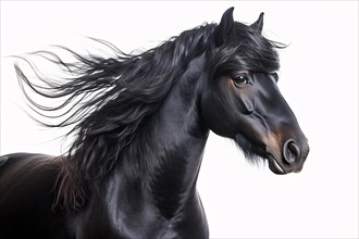 Black Fresian horse on white background. KI generiert, generiert AI generated