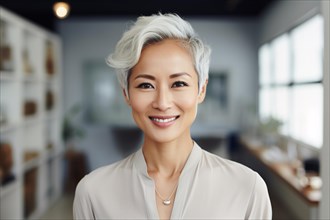 Middle aged Asian woman withs hort gray hair. KI generiert, generiert AI generated
