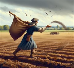 A farmer from the Middle Ages tilling the fields, sowing, AI generated, AI generated