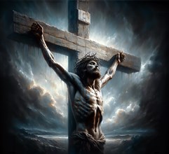 Jesus Christ crucified with the crown of thorns on the cross, symbolic image myth, religion,