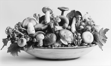 Mushrooms in a bowl on a white background, black and white AI generated
