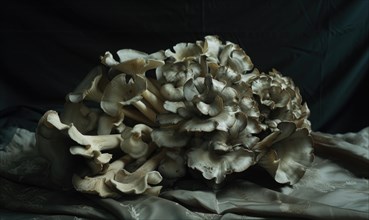 Fresh oyster mushrooms on a dark background. Close-up. AI generated