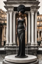 Statuesque woman and with braided dreadlocks afro hairstyle in chic attire standing by Roman