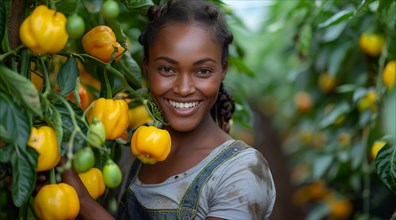 Happy woman posing with yellow bell peppers in a thriving greenhouse, ai generated, AI generated