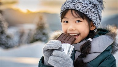 KI generated, Young girl, 10, years, eating a bar of chocolate, one person, outdoor shot, ice,