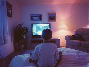 A child is watching TV in a cozy living room with warm and colorful lighting, boys and TV, AI