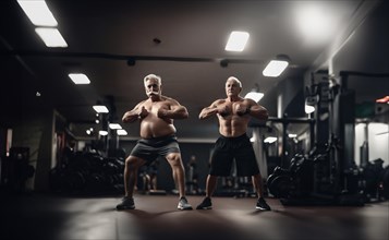 Two elderly men in the gym, active lifestyle and sports in old age men, AI generated