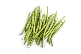 Bunch of green french beans isolated on white background. top view, close up