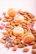 Orange macarons or macaroons cakes with almond nuts on pastel pink background. side view, close up,