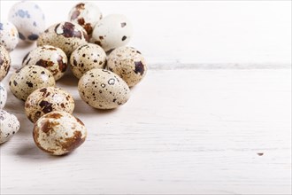 Raw quail eggs on a white wooden background. with copy space