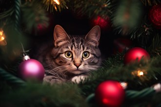 Tabby cat hiding in Christmas tree between colorful baubles. KI generiert, generiert AI generated