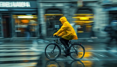 Cyclist in yellow rain gear riding in the rain on a shiny wet road in the city, AI generated, AI