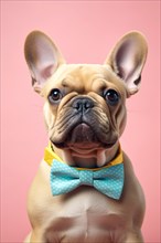 Cute French Bulldog dog with bowtie on pink background. KI generiert, generiert AI generated